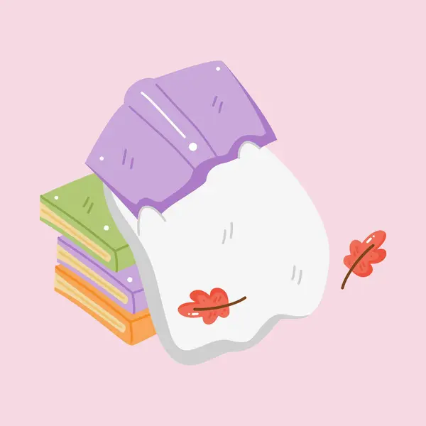 Düşen sonbahar yapraklarıyla kitap yığınının arkasından bakan sevimli bir çizgi film hayaleti. Cadılar Bayramı ve sonbahar temaları için mükemmel.