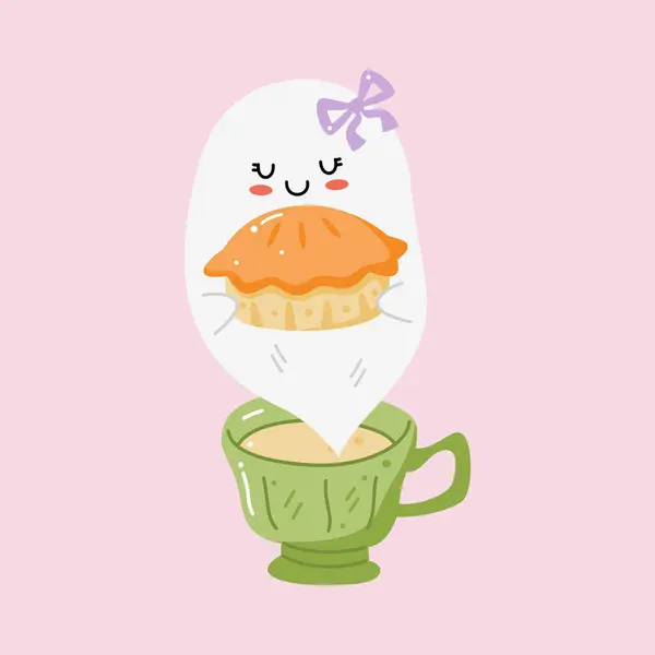 Mor kurdeleli, elinde balkabağı dilimi olan şirin bir çizgi film hayaleti. Cadılar Bayramı, sonbahar ve rahat yemek temaları için mükemmel..