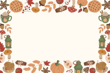 Sonbahar balkabakları, turtalar, fenerler, yapraklar ve mantarlarla büyüleyici bir karikatür. Sonbahar ve Şükran Günü tasarımları için mükemmel..