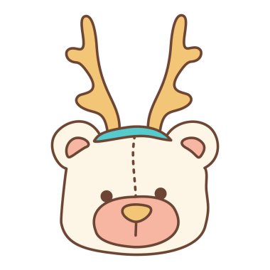 Geyik gibi giyinmiş boynuzlu sevimli bir oyuncak ayı. Noel, yeni yıl ve kış tatili tasarımları için mükemmel..