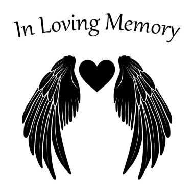 Yüreği ve melek kanatlarıyla Loving memory vektöründe, Anıt tasarımı, huzur içinde yat.
