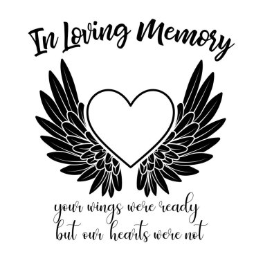 Yüreği ve melek kanatlarıyla Loving memory vektöründe, Anıt tasarımı, huzur içinde yat.