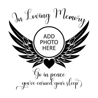 Yüreği ve melek kanatlarıyla Loving memory vektöründe, Anıt tasarımı, huzur içinde yat.