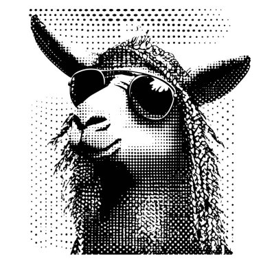 eğlenceli siyah ve beyaz vektör yarım ton çizimi güneş gözlüğü ve şapka takan havalı bir lama, mizahı cesur grafik dokusuyla harmanlayan, modaya uygun ve eğlenceli tasarımlar