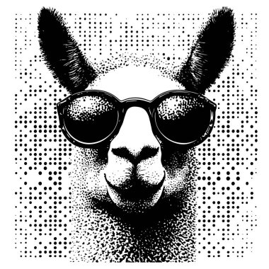 fun black and white vector halftone illustration of a cool llama wearing sunglasses, blending humor with a modern graphic style, ideal for trendy and playful designs clipart