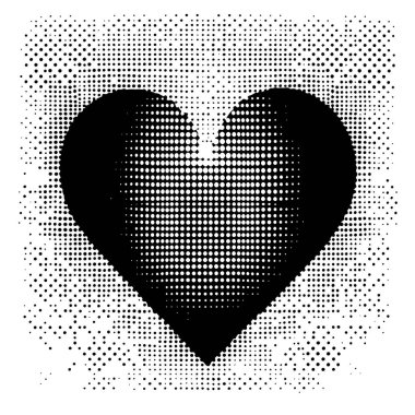 Modern pop-sanat estetiğini, klasik noktalı dokuyla harmanlayan, romantik ve soyut tasarımlar için ideal, pürüzsüz bir gradyan etkisi olan bir kalbin siyah ve beyaz vektör yarım ton çizimi