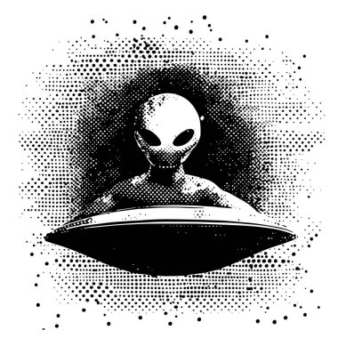 Bir UFO 'dan çıkan gizemli atmosferi olan, bilim kurgu, retro ve paranormal temalar için mükemmel bir uzaylının dramatik siyah beyaz renk vektör çizimi