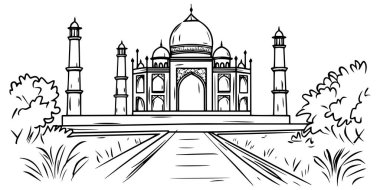 Tac Mahal 'in zarif siyah-beyaz çizimi, karmaşık kubbeleri ve minareleri vurguluyor, aşkı ve mimari dehayı sembolize ediyor, kültürel tasarımlar için mükemmel.