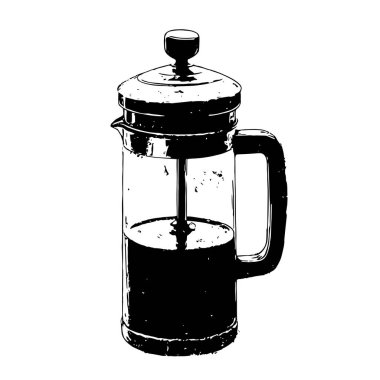 Bir fransız kahve makinesinin el yazısı işlemeli siyah ve beyaz vektör çizimi. Kahve dükkanları, kafe menüleri ve kahve temalı sanat eserleri için mükemmel..
