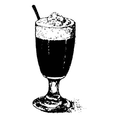 Krem şantili buzlu bir kahvenin el yazısı şeklinde siyah ve beyaz çizimi. Kahve dükkanı, kafe menüleri ve içecek ambalajı için mükemmel..