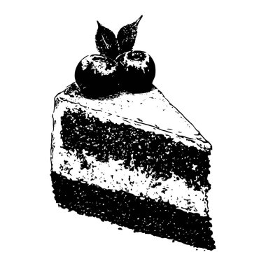 Üzerinde el yazması kirazlar olan katmanlı bir pasta diliminin siyah beyaz vektör çizimi. Fırın tasarımları, kafe markaları ve tatlı çizimleri için mükemmel..