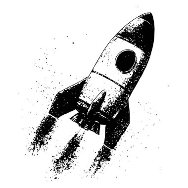 El yapımı oymacılık tarzında grunge etkisi olan bir uzay roketinin vintage çizimi. Bilim kurgu teması, uzay keşfi ve başlangıç markası için mükemmel.