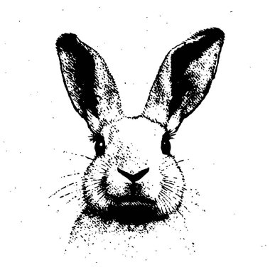 Bir tavşanın yüzünün klasik gravür tarzında elle çizilmiş vektör çizimi. Siyah beyaz taslak, vahşi yaşam, çiftlik ve doğa temalı tasarımlar için mükemmel.