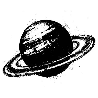 Vintage oymacılık tarzında halkalı bir gezegenin elle çizilmiş vektör çizimi. Siyah-beyaz çizim, astronomi, uzay ve kozmik temalı tasarımlar için mükemmel.