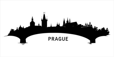 Prag 'ın ünlü köprüleri ve tarihi kuleleri ile siluetinin siyah-beyaz çizimi. Minimalist siluet, seyahat ve kültürel tasarımlar için mükemmel.