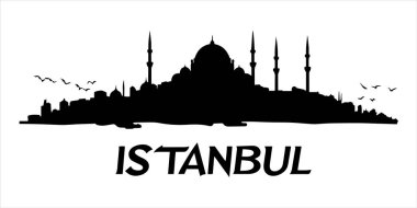 İstanbulların cami ve kuşlarla siluetinin siyah ve beyaz çizimi. Minimalist siluet, seyahat, kültür ve tarihi şehir temalı tasarımlar için mükemmel.