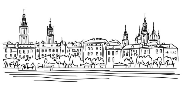 black and white vector sketch of a historic European city skyline, featuring ornate towers, domes, and classic architecture, perfect for travel and cultural illustrations