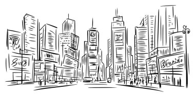 New York şehrinin gökdelenli gökdelenli, dinamik çizim tarzında çizilmiş siyah ve beyaz çizimi.  