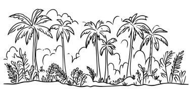 Palmiye ağaçlarıyla kaplı tropikal bir orman manzarasının siyah ve beyaz vektör oyması, ince çizgi gölgesiyle detaylı bir klasik tarzda resmedilmiş.  