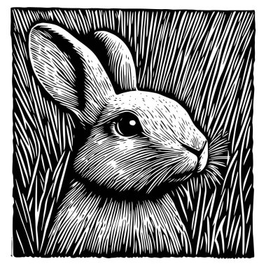 Uzun çimenlerde oturan bir tavşanın siyah ve beyaz oyması. Kalın zıtlıklar ve ince çizgi gölgeleriyle detaylı bir klasik tarzda resmedilmiş.  