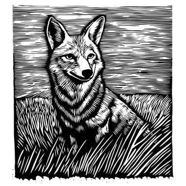 black and white vector engraving of a coyote sitting in the grass, depicted in a detailed vintage style with fine line shading and cross-hatching   clipart