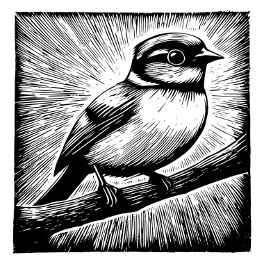 black and white vector illustration of a songbird perched on a branch in vintage engraving style. highly detailed nature-inspired artwork for prints and tattoos. clipart