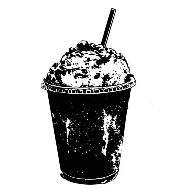 Krem şantili ve pipetli plastik bardaktaki soğuk bir içeceğin siyah-beyaz çizimi. Kafe menüleri, posterler ve ambalajlar için elle çizilmiş oyma biçimi.