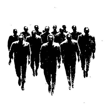 İleri doğru yürüyen bir grup adamın siyah ve beyaz vektörü kaba dokulu gru grunge silueti birlik ve kararlılığı sembolize ediyor.