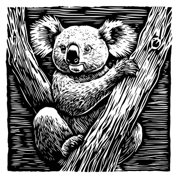 черно-белая векторная иллюстрация коалы, сидящей на ветке дерева, нарисованная в винтажном стиле гравировки. Очаровательные и детализированные произведения искусства дикой природы для печати и дизайна природы.