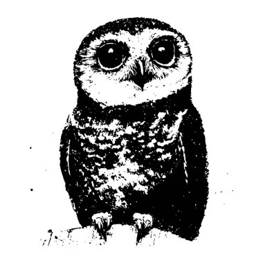 Ayrıntılı tüyleri ve büyük gözleri olan bir baykuşun siyah ve beyaz çizimi