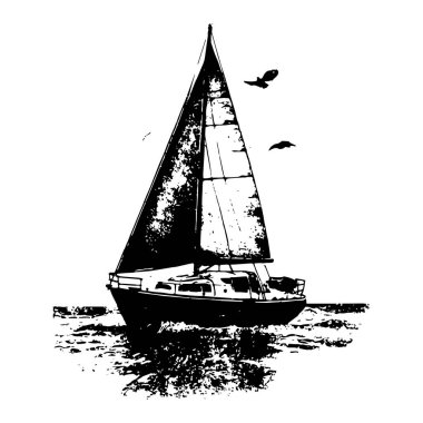 Üzerinde kuşlar uçuşan bir yelkenlinin siyah ve beyaz çizimi