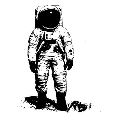 Ay 'da duran uzay giysisi içindeki bir astronotun siyah-beyaz çizimi