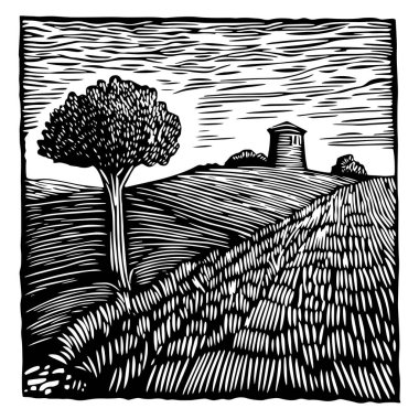 Kırsal oymacılık tarzında yel değirmeni vektör illüstrasyonuyla kırsal alan