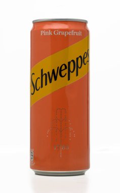 Gaziveren Cyprus -23.11.2024 Refreshing pink SCHWEPPES grapefruit beverage captured in a sleek can against a bright backdrop clipart