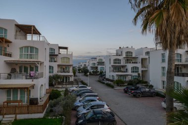 Palmiye ağaçları ve park halindeki arabalarla çevrili sessiz bir cadde boyunca uzanan zarif beyaz binaların huzurlu akşam manzarası..