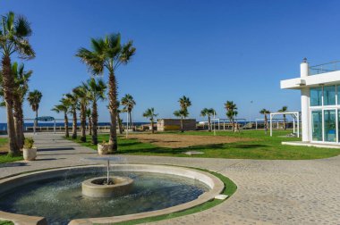 Palmiye ağaçları ve rahatlatıcı bir çeşme ile kaplı huzurlu bir patika deniz kıyısında rahatlamaya davetiye çıkarır..