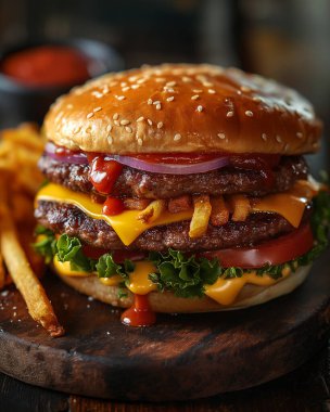 Ağız sulandıran, taze sebzeler ve kızarmış patateslerle kaplı çift katlı peynirli bir burger kırsal ahşap bir masada oturur..