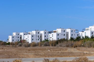 Serene kıyı konutları parlak güneş ışığı altında altın çayırlar tarafından çerçevelenmiş canlı mavi bir gökyüzüne karşı duruyor..