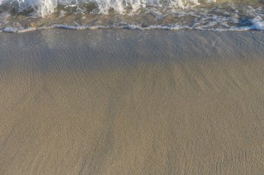 Yumuşak dalgalar, huzurlu bir sahil manzarasında sabahın erken saatlerindeki ışığı yansıtan pürüzsüz kumların üzerinde süzülür..