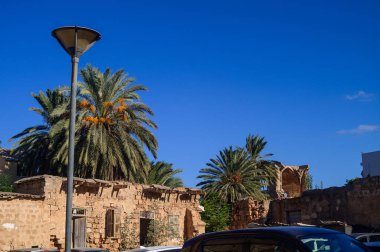 Antik kalıntılar, parlak mavi bir zemin üzerinde yükselen palmiye ağaçları tarafından çerçevelenmiş güneş ışığının tadını çıkarırlar..