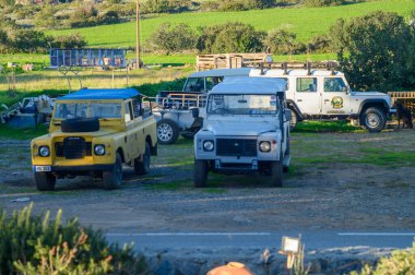 Gaziveren Kıbrıs Rum Kesimi - 19.01.2025 Klasik araçlar, yumuşak akşam ışığı altında yemyeşil yemyeşil bir alanda huzur içinde dinleniyor.