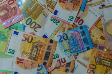 Avro banknotlarından oluşan canlı bir koleksiyon, karmaşık tasarımlar ve canlı renkler sergiliyor..