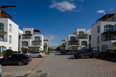 Güneş ışığı, sakin bir caddeyi çevreleyen şık villaları aydınlatıyor. Huzurlu bir mahalle atmosferini teşvik ediyor..