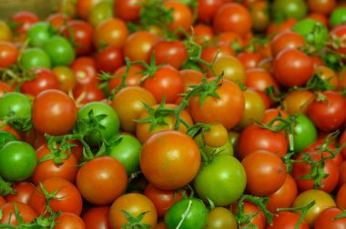 Kırmızı ve yeşil domatesler canlı renkleriyle yaz cömertliğini yerel bir pazarda sergiliyorlar..
