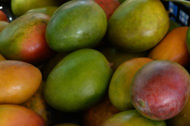 Değişik yeşil, sarı ve kırmızı tonlarda olgun mangolardan oluşan canlı bir seçim, yerel bir pazarda sergileniyor. Tropikal meyveler davetkar ve renkli bir atmosfer yaratır..