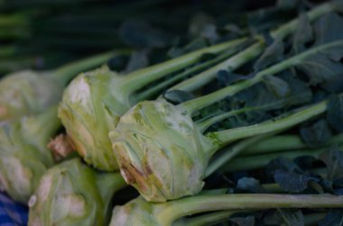 Kıtır kıtır ve yeşil kohlrabi, kalabalık bir pazarda diğer taze ürünlerin arasında müşterileri keşfetmeye davet ediyor..