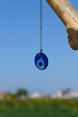 Canlı bir mavi tılsım, yıpranmış bir daldan sarkan ve güneş ışığını yakalayan bir tılsım. Huzurlu manzaranın ötesinde parlak bir gökyüzü altında uzak tepeler ve doğanın yumuşak renkleri var..