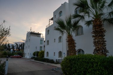 Palmiye ağaçlarıyla süslenmiş beyaz binalar huzurlu bir kıyı bölgesinde renkli bir günbatımına karşı durarak rahatlamaya yol açıyor..