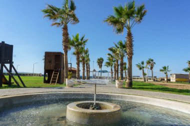 Sopa palmiyeleri, berrak mavi gökyüzünün altında, huzurlu bir sahil parkında kaynayan bir çeşme tarafından nazikçe sallanıyor..