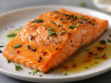 Taze otlar ve baharatlarla süslenmiş taze somon filetosu bozulmamış bir tabakta dinleniyor..